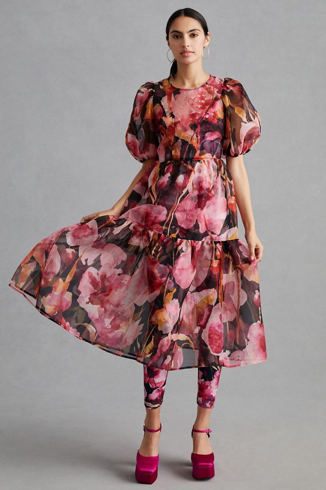 Puff-Sleeve Organza Midi Dress #1