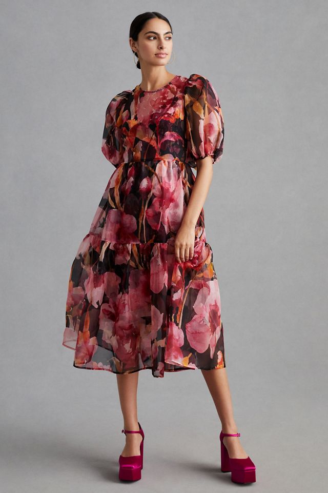Puff-Sleeve Organza Midi Dress #4