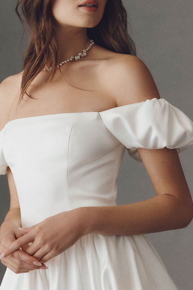off shoulder puff sleeve wedding dress Djakonda – A & M Enterprises Bridal