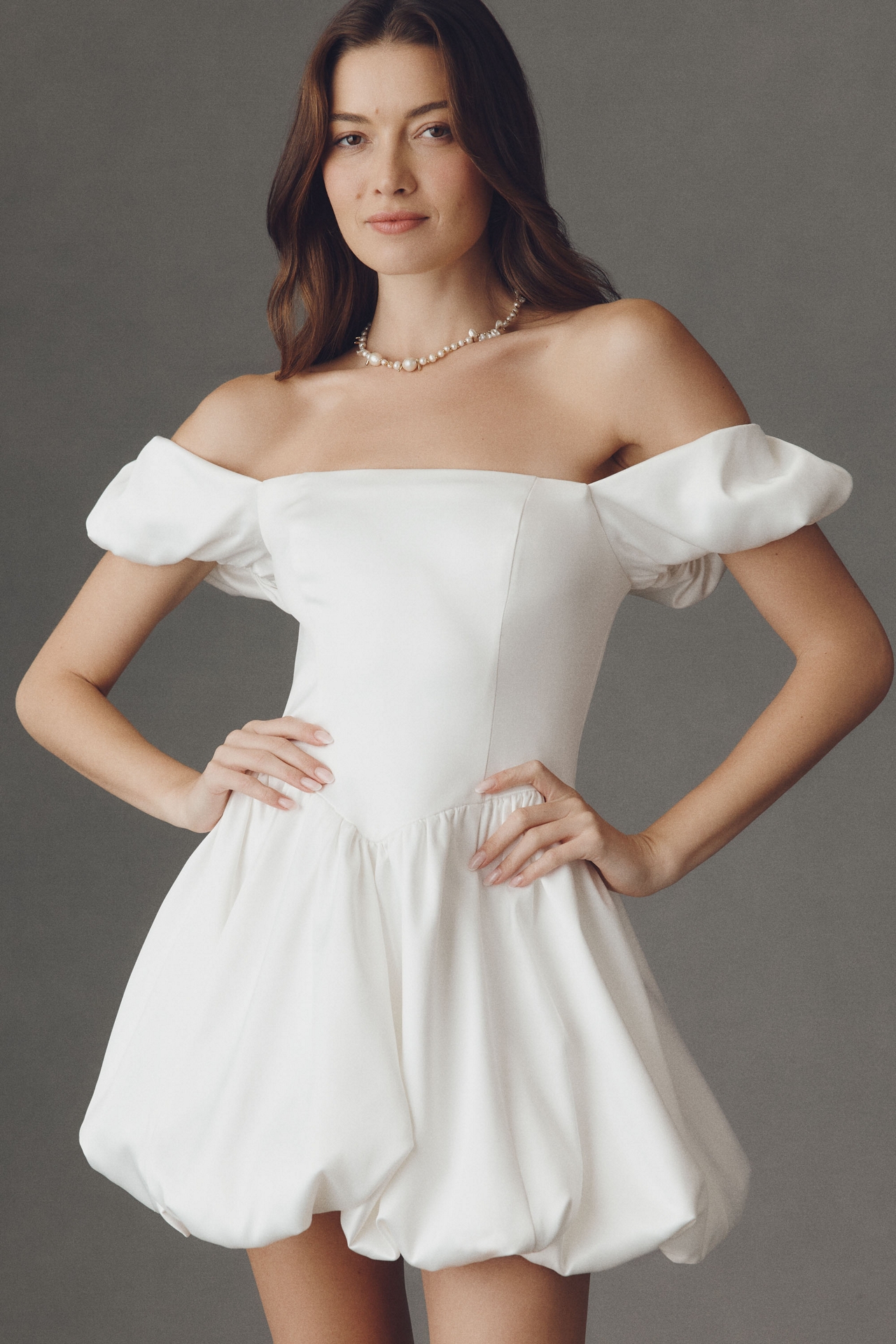 BHLDN Satin Off-Shoulder Bubble-Hem Mini Dress