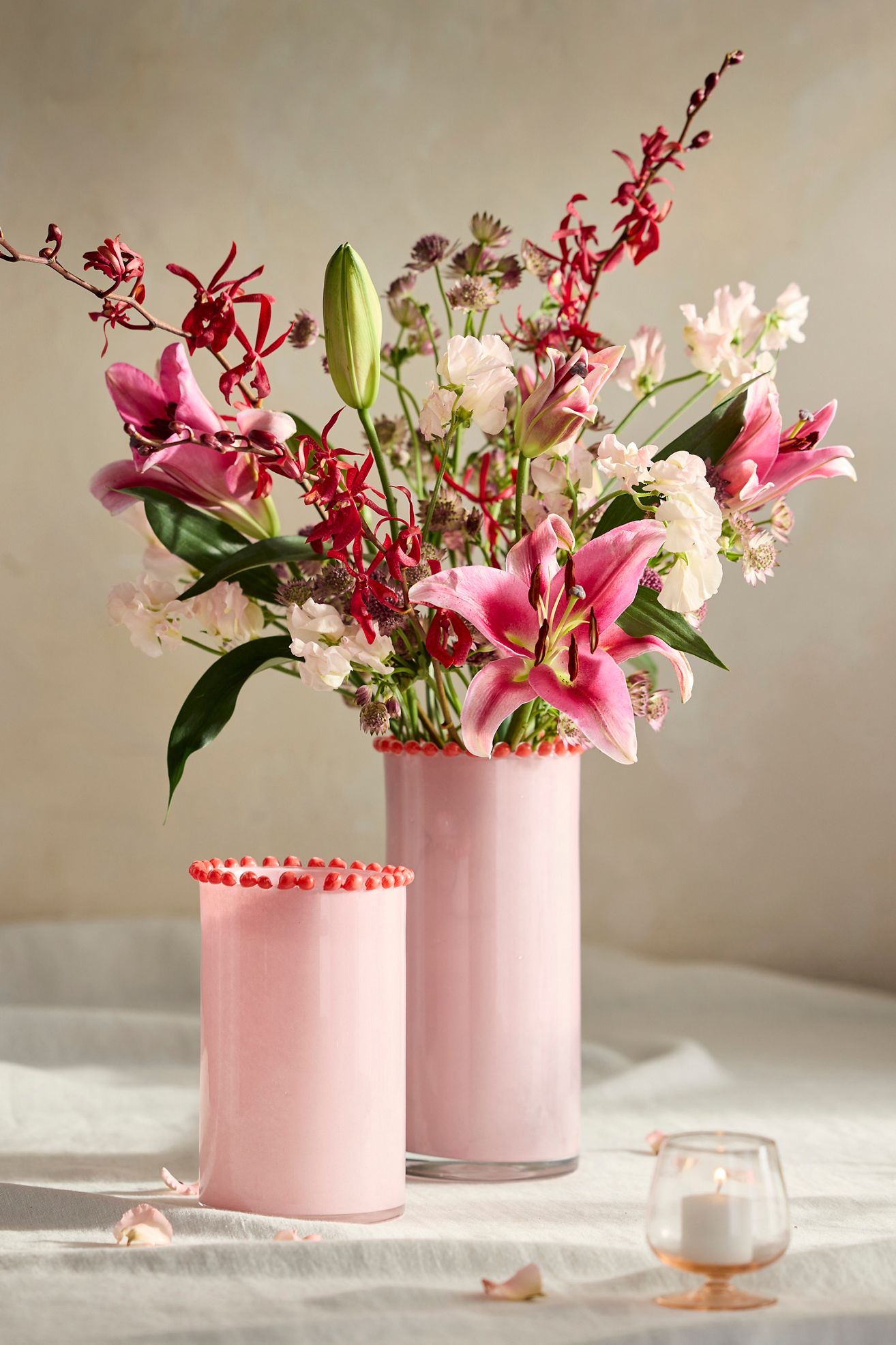 Dotted Rim Pink Glass Vase - Pink, L