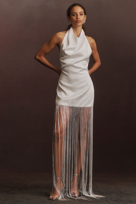 Ila Anika Halter Fringe Satin Maxi Dress In Neutral