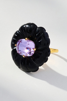 By Anthropologie Floral Crystal Statement Cocktail Ring In Black