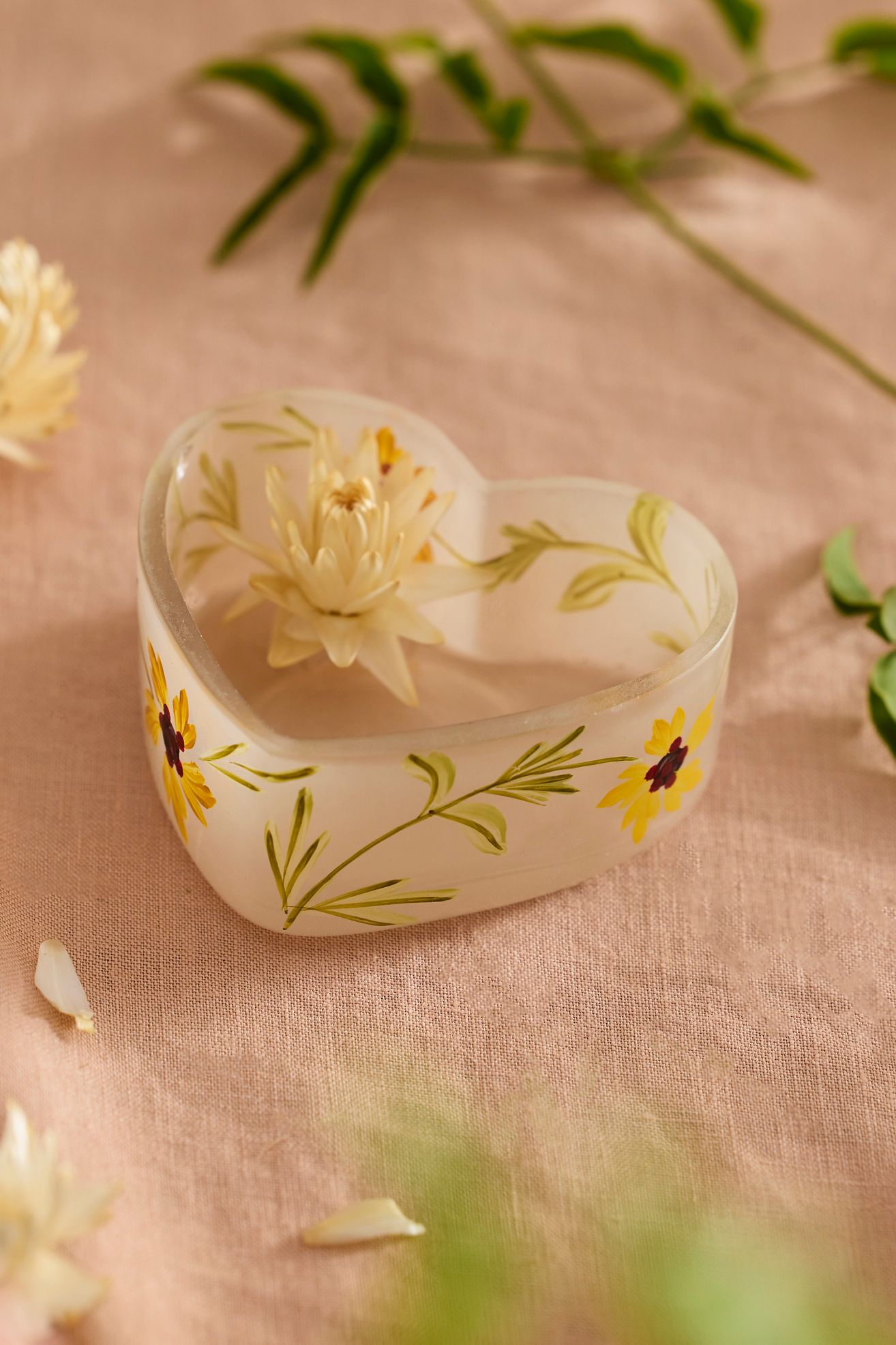 Painted Heart Glass Trinket Dish - Yellow Pattern