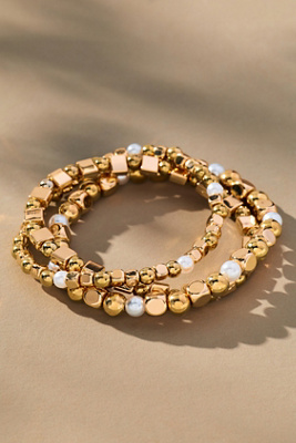 By Anthropologie Metallic Beaded Bracelets, Set Of 3 In Gold