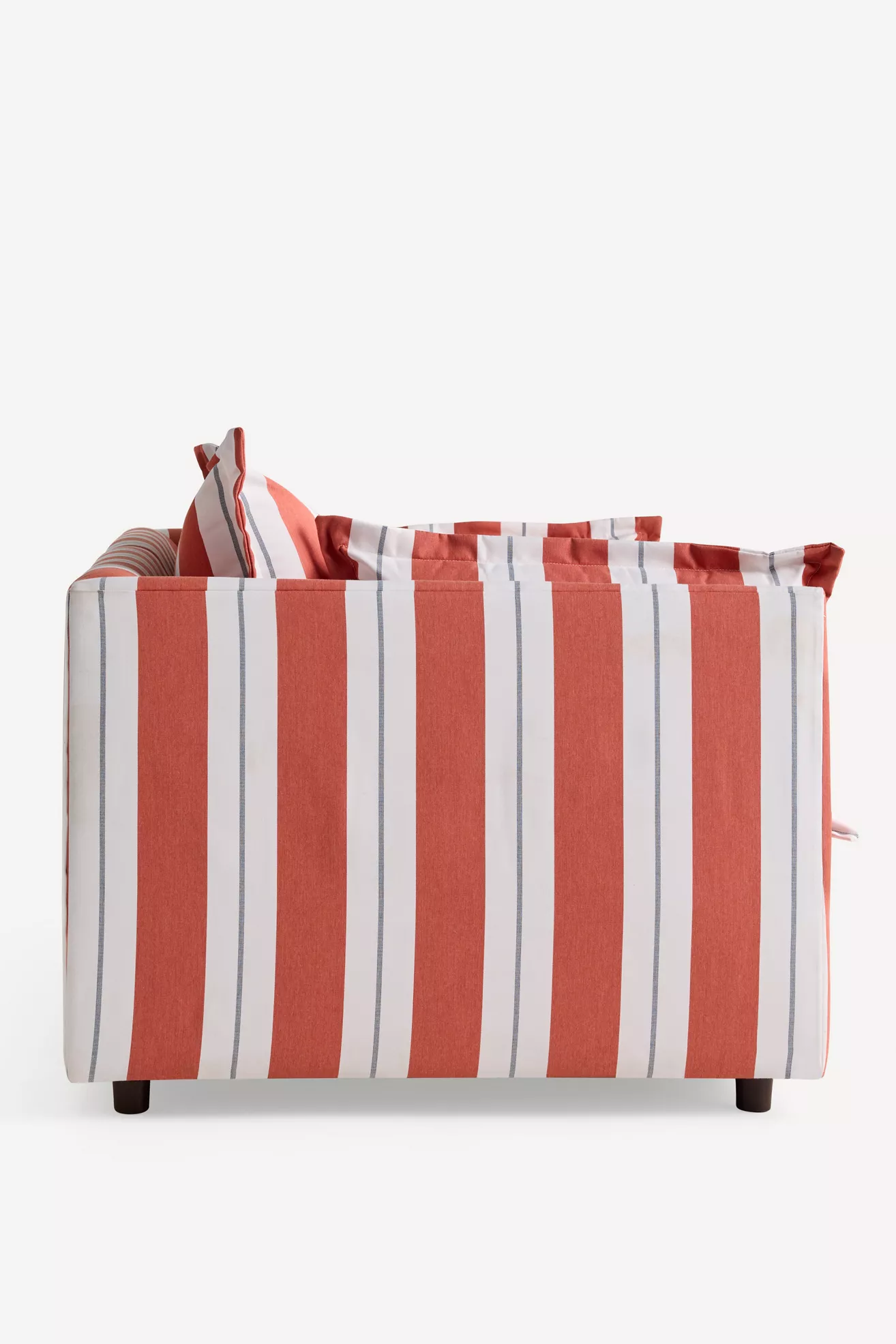 Back view of striped sofa with chaise extension