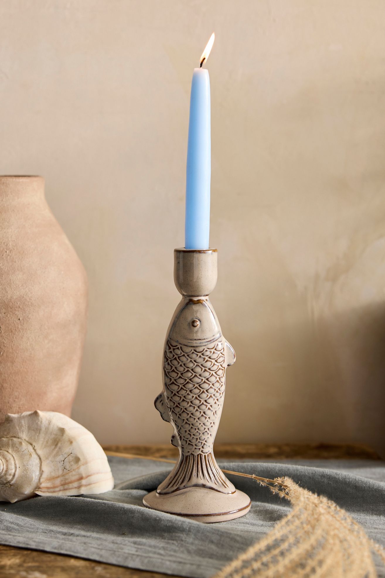 Fish Ceramic Taper Holder - Light Sand, One Size