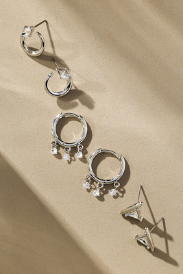 By Anthropologie Shaped Crystal Huggie Hoop Earrings, Set Of 3 In Silver