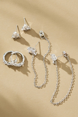 By Anthropologie Drippy Crystal Earrings, Set Of 3 In Silver