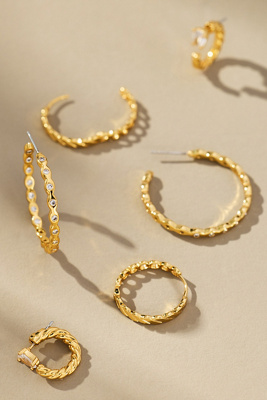 By Anthropologie Braided Crystal Hoop Earrings, Set Of 3 In Gold