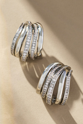 By Anthropologie Crystal Layered Chunky Huggie Hoop Earrings In Silver
