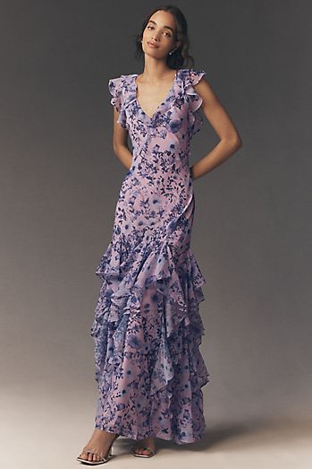 purple floral wedding guest dress Wedtrend Women Flower with Belt A Line V Neck Chiffon Midi Party Dress, Purple Flower / US20W touch polyester with a smooth finish and a refined look Mac Duggal Women's Flower Beading
