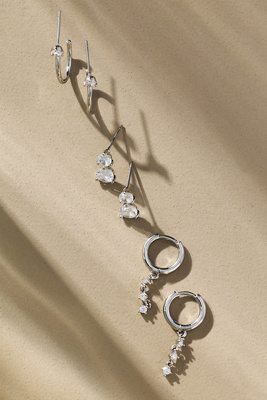 By Anthropologie Thin Crystal Drop Earrings, Set Of 3 In Silver