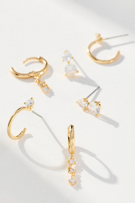 By Anthropologie Thin Crystal Drop Earrings, Set Of 3 In Gold