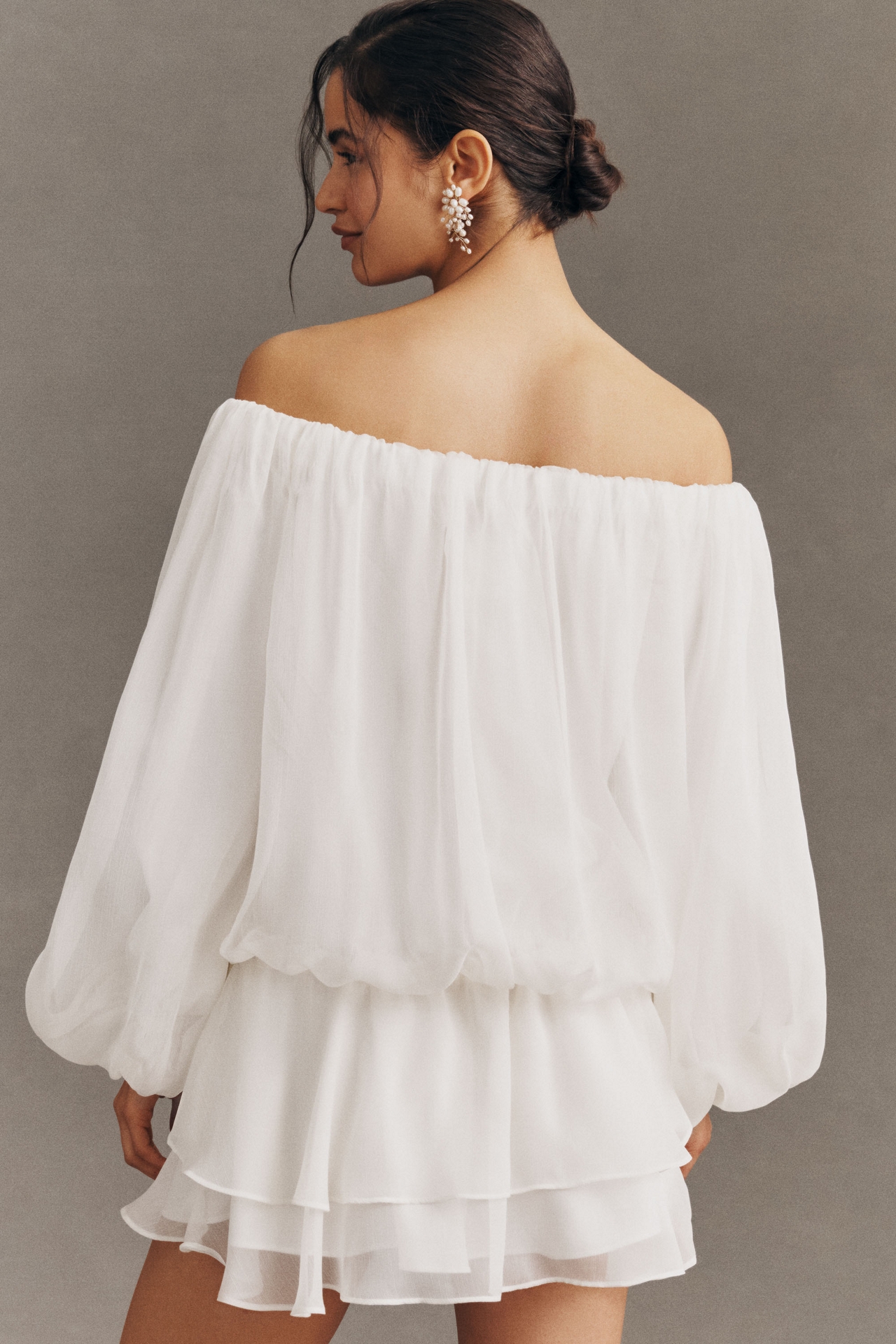 BHLDN Chiffon Off-Shoulder Long-Sleeve Rosette Mini Dress