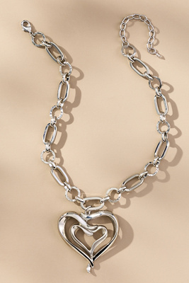 By Anthropologie Chunky Chain Heart Pendant Necklace In Silver