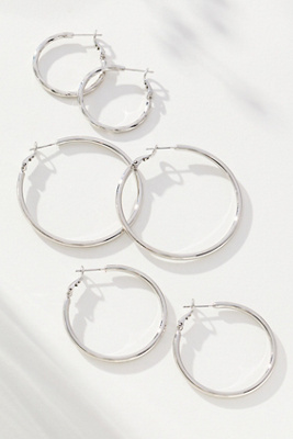 By Anthropologie Thin Hoop Earrings, Set Of 3 In Silver