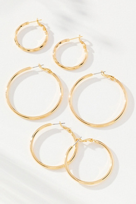 By Anthropologie Thin Hoop Earrings, Set Of 3 In Gold
