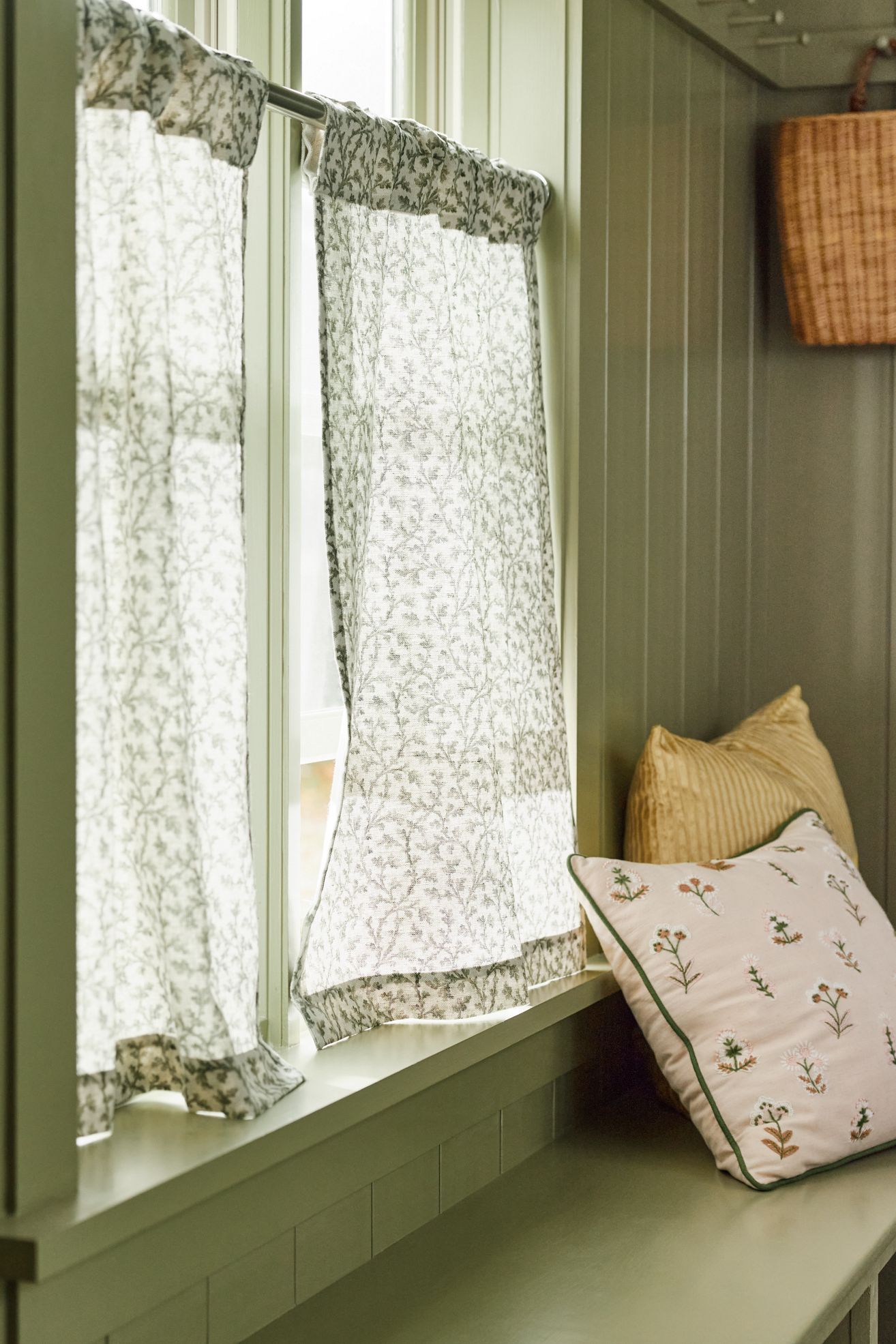 Irena Cotton Linen Floral Cafe Curtains, Set of 2 - Moss, Standard, 25" x 36"