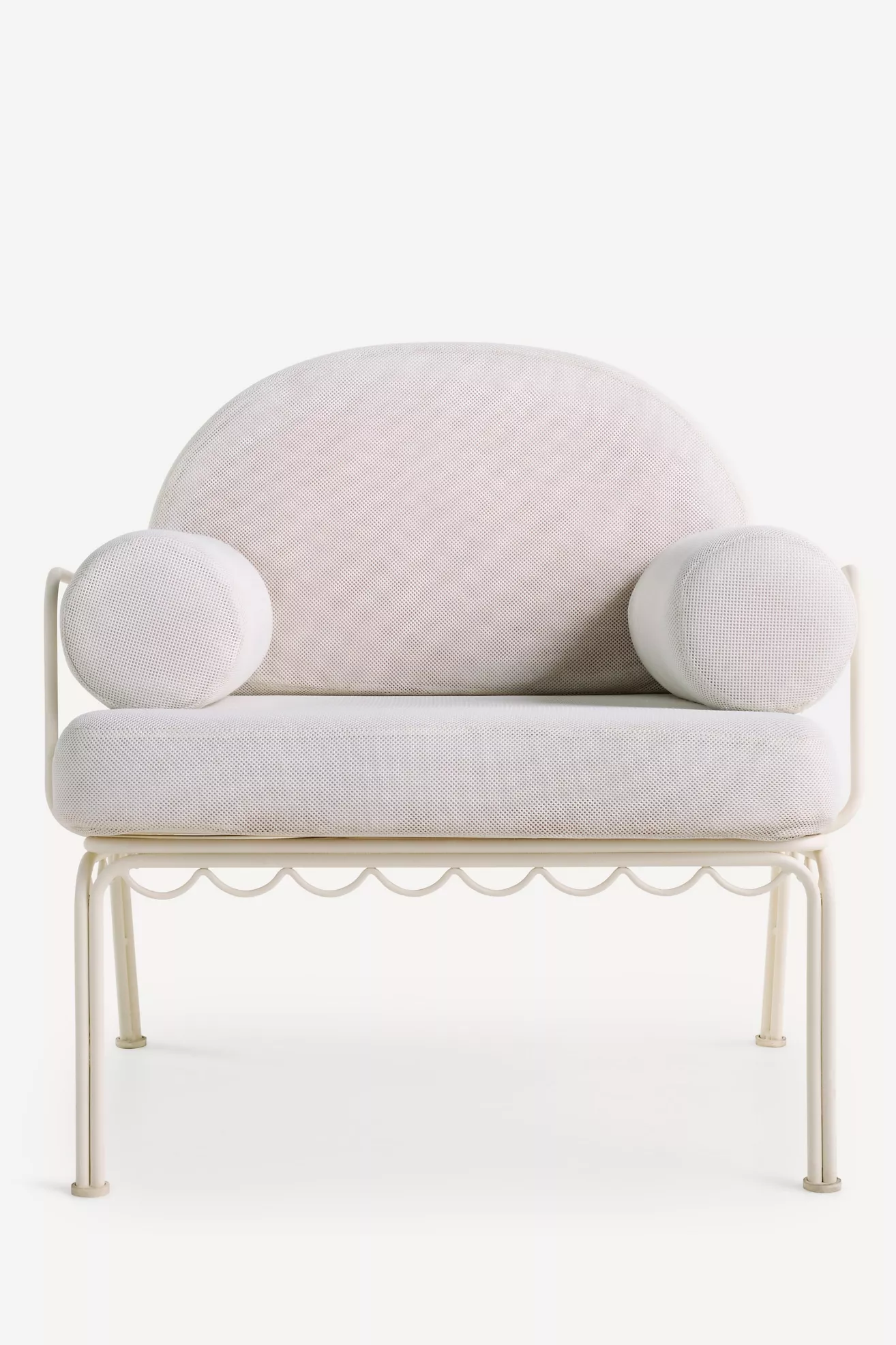 Front view of the chair with wide rounded back and light cushioning