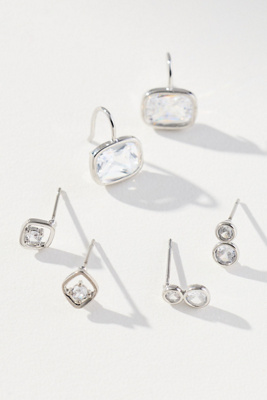 By Anthropologie Large Shaped Crystal Earrings, Set Of 3 In Silver