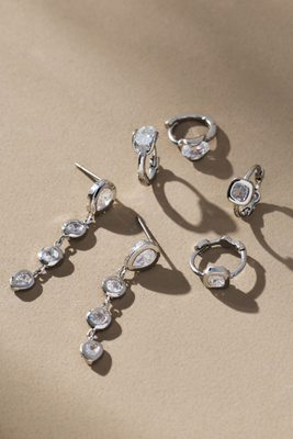 By Anthropologie Glitz Crystal Earrings, Set Of 3 In Silver