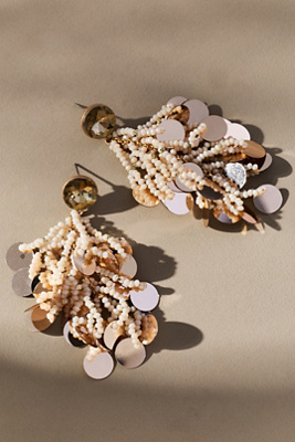 By Anthropologie Colorful Beaded Sequin Fringe Earrings In White