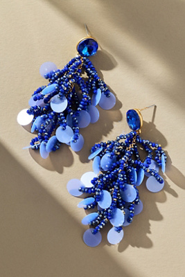 By Anthropologie Colorful Beaded Sequin Fringe Earrings In Blue