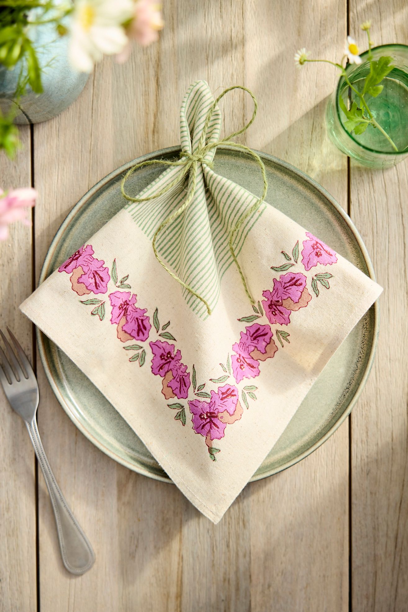 Blossom + Stripe Napkin - Light Green, One Size