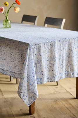 Blue Botanical Linen Tablecloth - Light Blue, One Size
