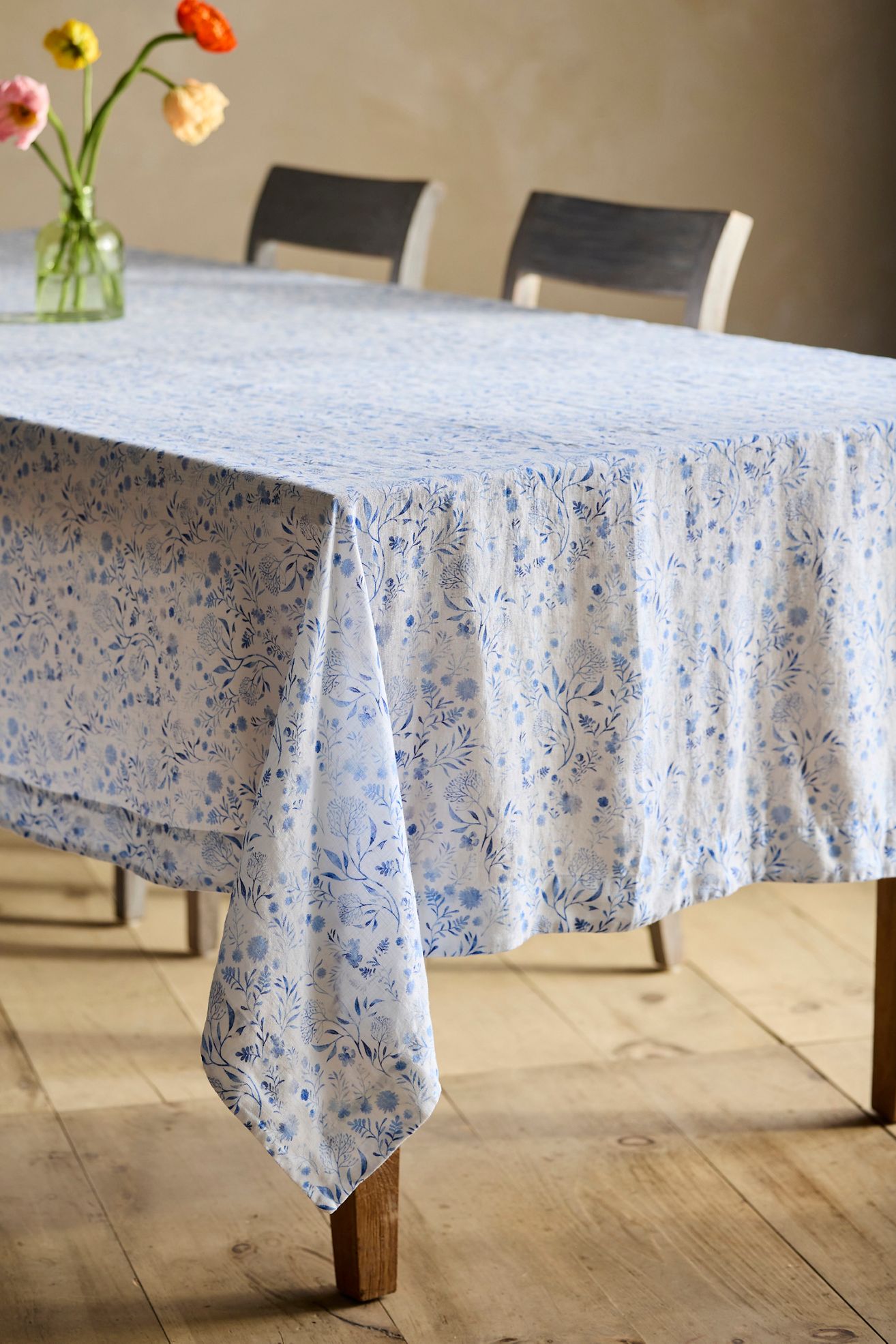 Blue Botanical Linen Tablecloth - Light Blue, One Size