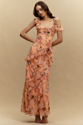 Bhldn Lottie Ruffled Chiffon Gown In Orange