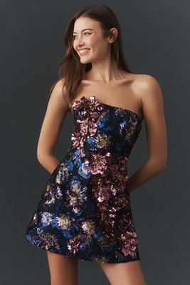 Helsi Caprice Floral Sequin Strapless Minidress In Blue