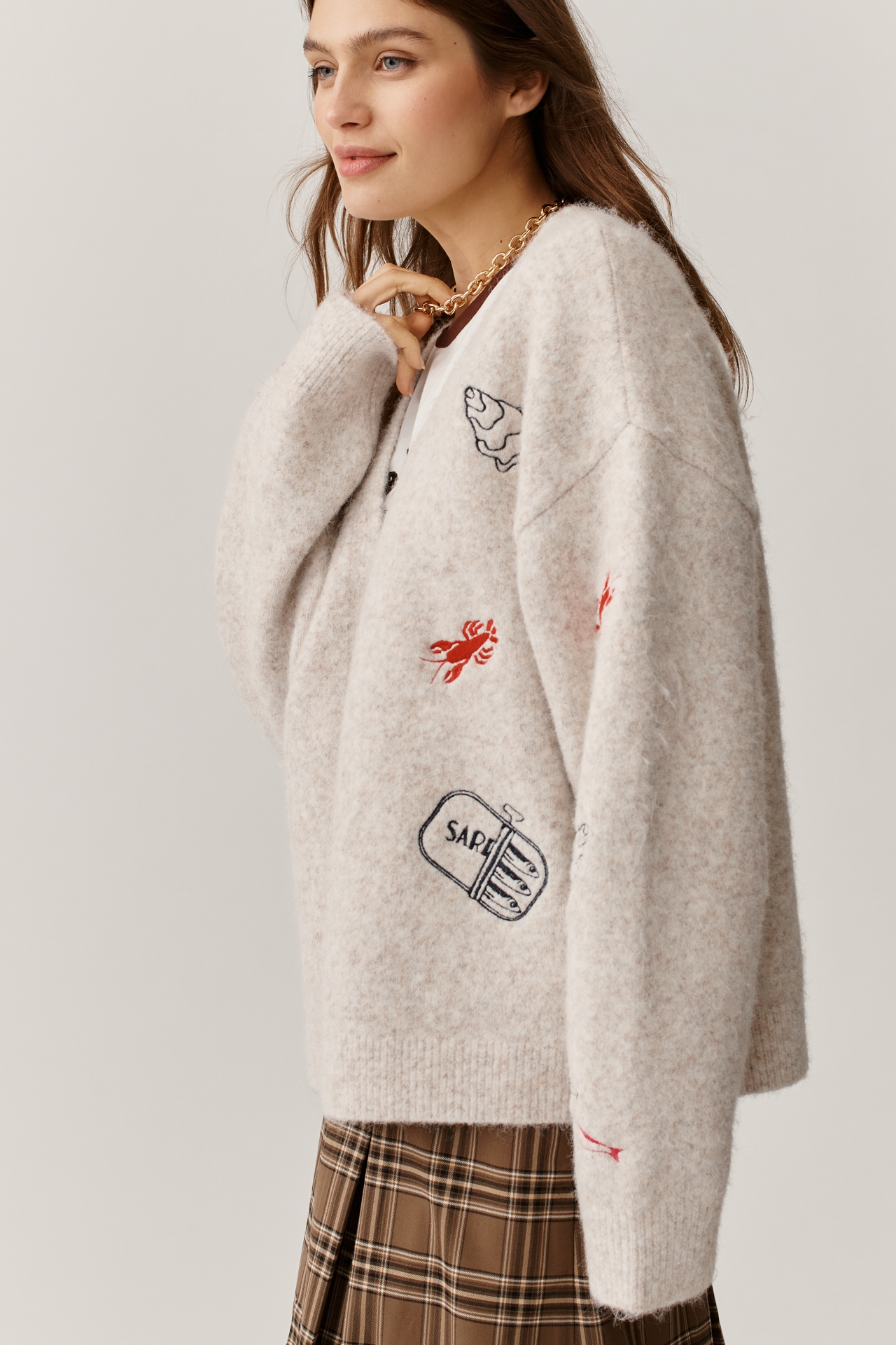 Flat White Girl Dinner Embroidered Cardigan Sweater