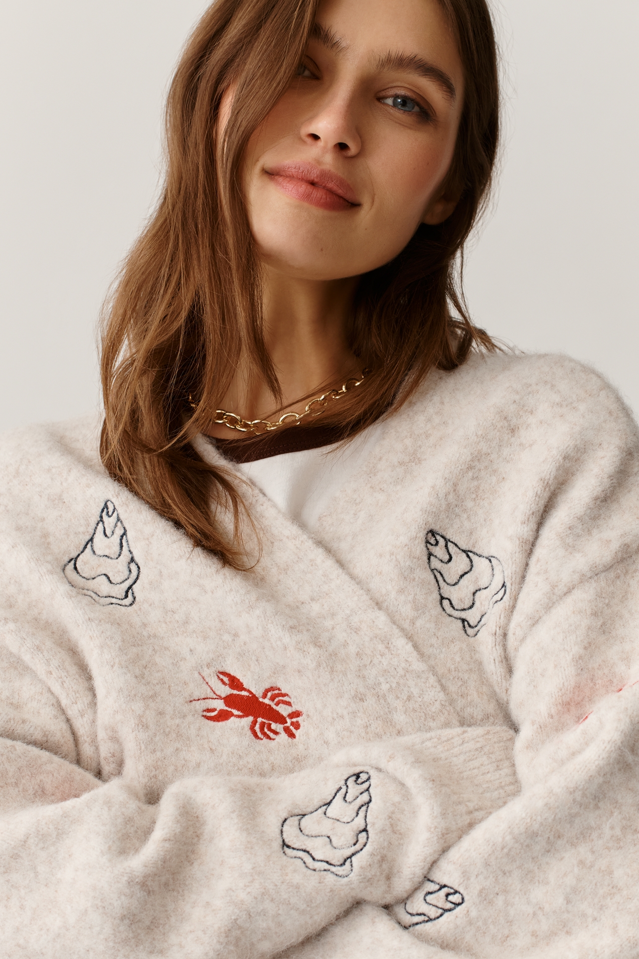 Flat White Girl Dinner Embroidered Cardigan Sweater