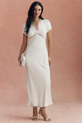 Satin Lace-Trimmed Short-Sleeve V-Neck Slip Dress