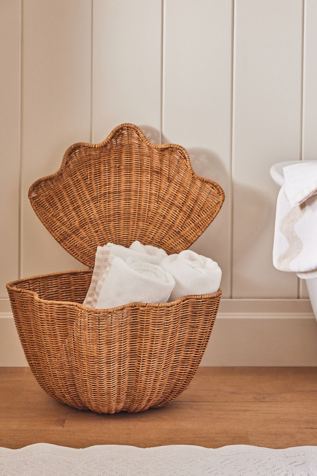 Shell Wicker Woven Basket with Hinged Lid - Natural, One Size