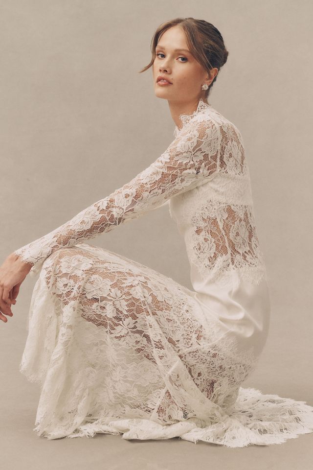 white sheer lace midi dress ROSEE de MATIN LONG SLEEVE SEMI SHEER LACE DRESS IN White main image 1