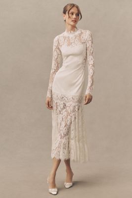 knee length dresses for ladies Zapaka Women White Courthouse Wedding Dress with Bow V-Neck Sheath Midi Registry Office Wedding Dress with Slit, White / US26W main image 1