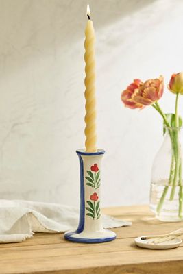 Floral Stripe Stoneware Taper Holder
