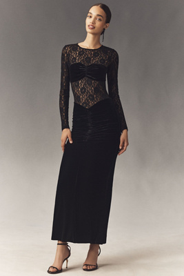 Bardot Helenie Long-sleeve Stretch Velvet Lace Maxi Dress In Black