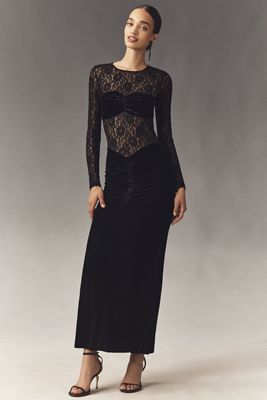Bardot Helenie Long-Sleeve Stretch Velvet Lace Maxi Dress