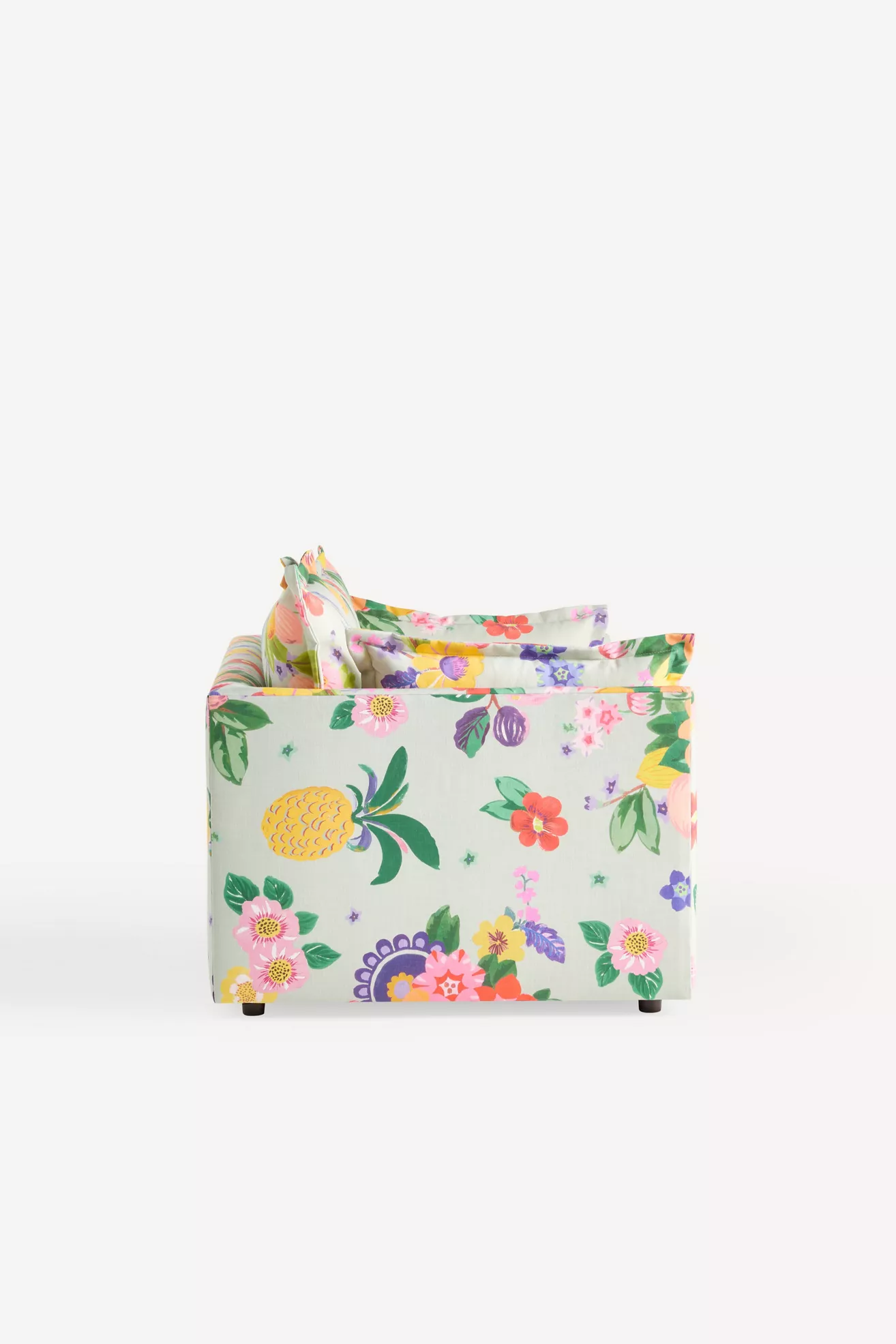 Denver outdoor sofa three-quarter view with floral fabric back panels