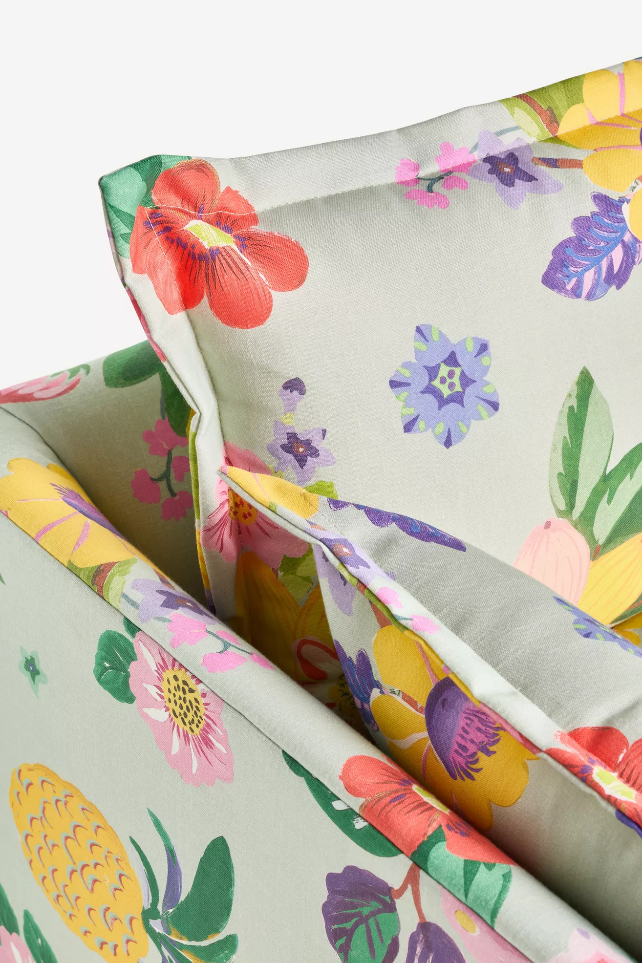 Close-up of Denver outdoor sofa floral upholstery and cushions