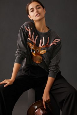 Tiny Embroidered Reindeer Crewneck Sweatshirt
