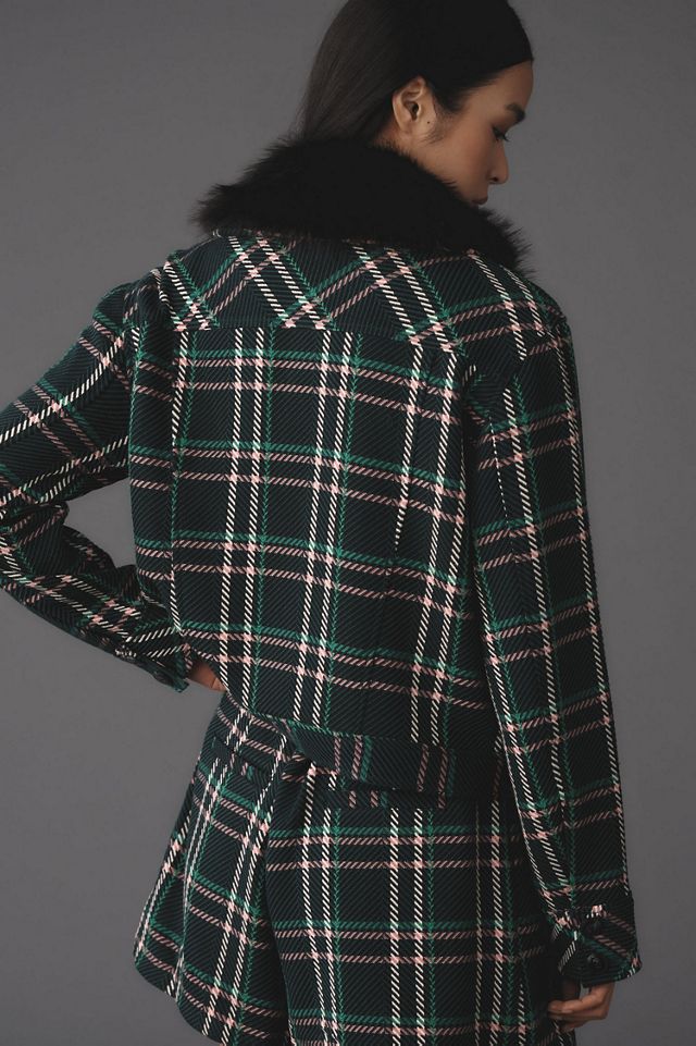 Maeve Plaid Crop Faux-Fur Collar Coat #3