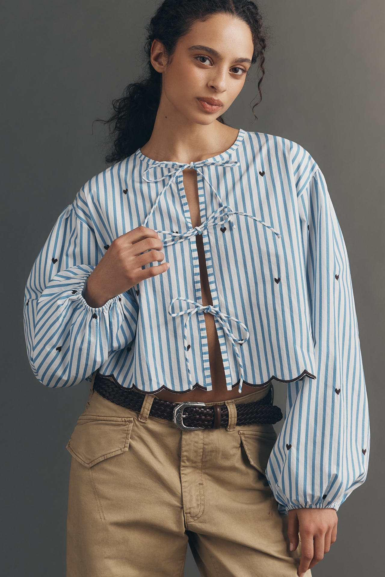Maeve Tie-Front Puff-Sleeve Shirt