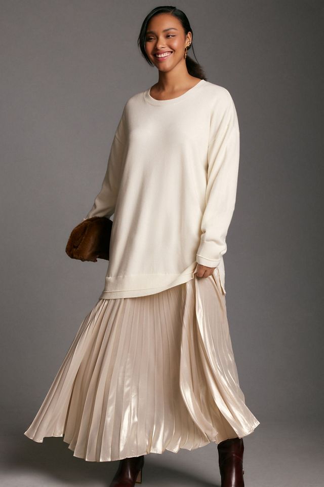 Long-Sleeve Pleated Twofer Sweater Midi Dress #3