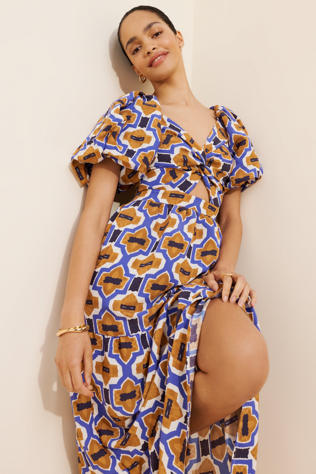 Woven Printed V-Neck Maxi Dress