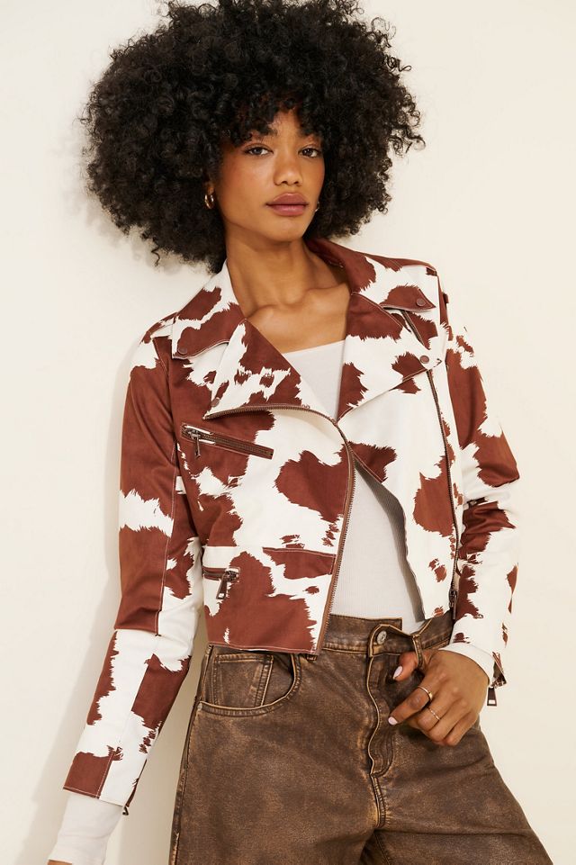 Hutch Cow Print Vegan Suede Moto Jacket #1